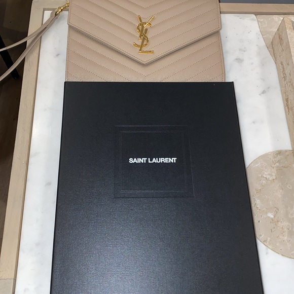 Authentic Saint Laurent Cassandra Leather Pouch in Dark Beige - Picture 7 of 11